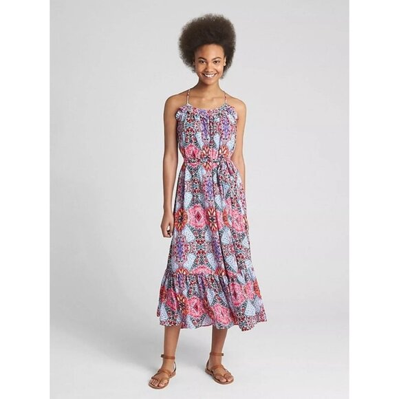 Gap Sundress Tiered Ruffle Print Cami Maxi Dress Size Large Tie Belt Boho Beach - Picture 1 of 7